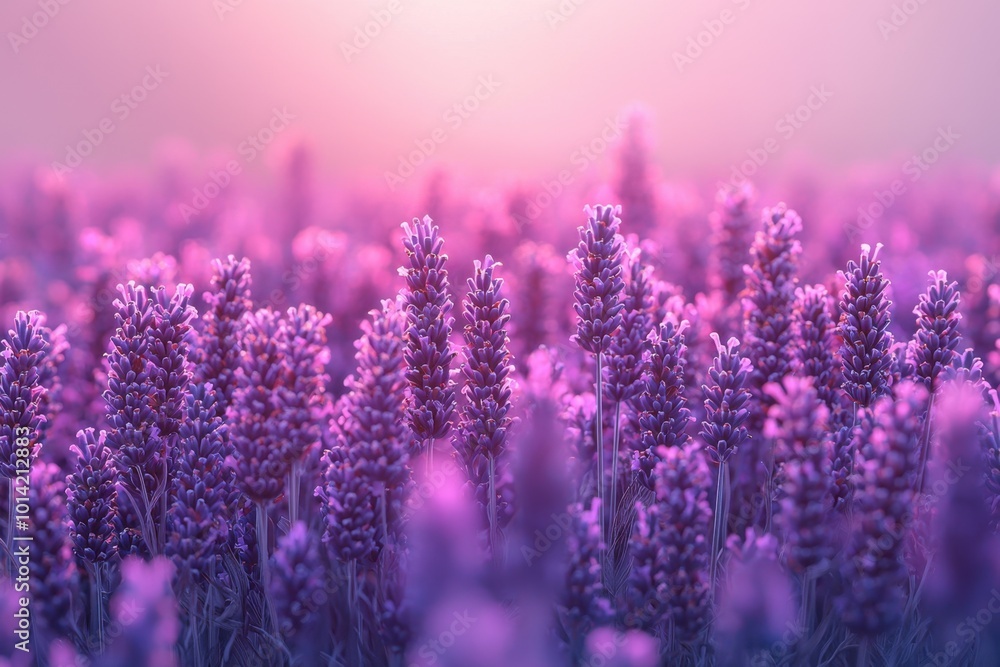 Serene lavender field at sunset with soft pink hues Serene lavender field at sunset with soft pink hues