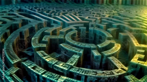 labyrinthine panorama symbolizing complex nature of decision making, with intricate pathways and mysterious atmosphere. maze is illuminated by soft, ethereal light, adding to its enigmatic allure.