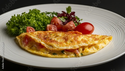 Omelette with Tomatoes and Salad on a White Plate