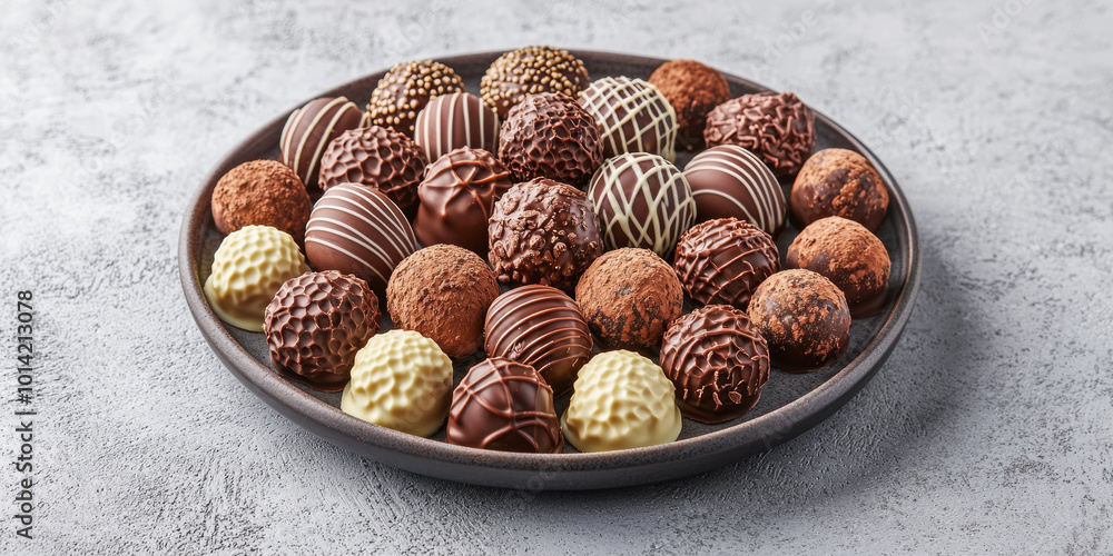 A plate of chocolates in various shapes and sizes, generative AI A plate of chocolates in various shapes and sizes, generative AI