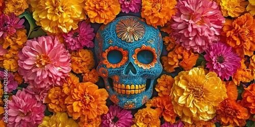 a dia de los muertos themed sugar skull with colorful orange, pink, and red flowers, 