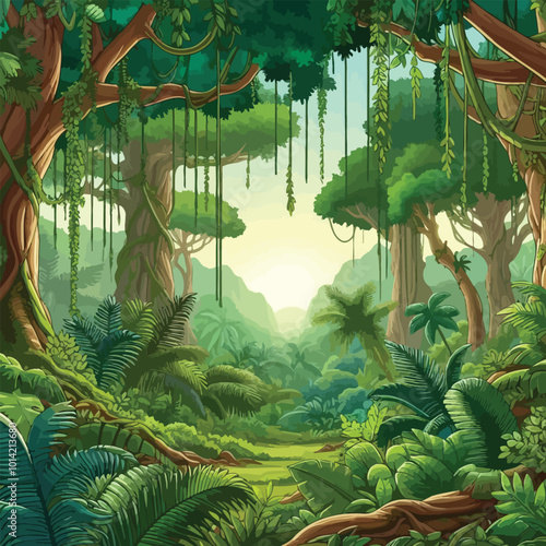 dense tropical jungle with towering trees, vines hanging from branches illustration 
