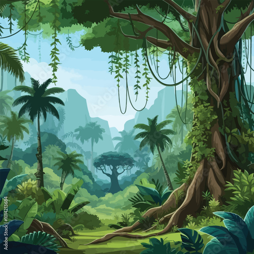 dense tropical jungle with towering trees, vines hanging from branches illustration 