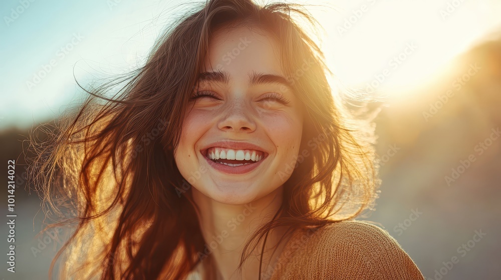 Standing against a light background, a laughing young woman smiles Standing against a light background, a laughing young woman smiles