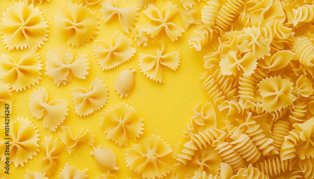 A Close-Up View of Uncooked Pasta on a Yellow Background A Close-Up View of Uncooked Pasta on a Yellow Background