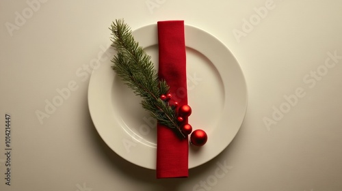 A minimal holiday table setting featuring an empty white plate with red napkin and Christmas decorations for a festive dining experience photo