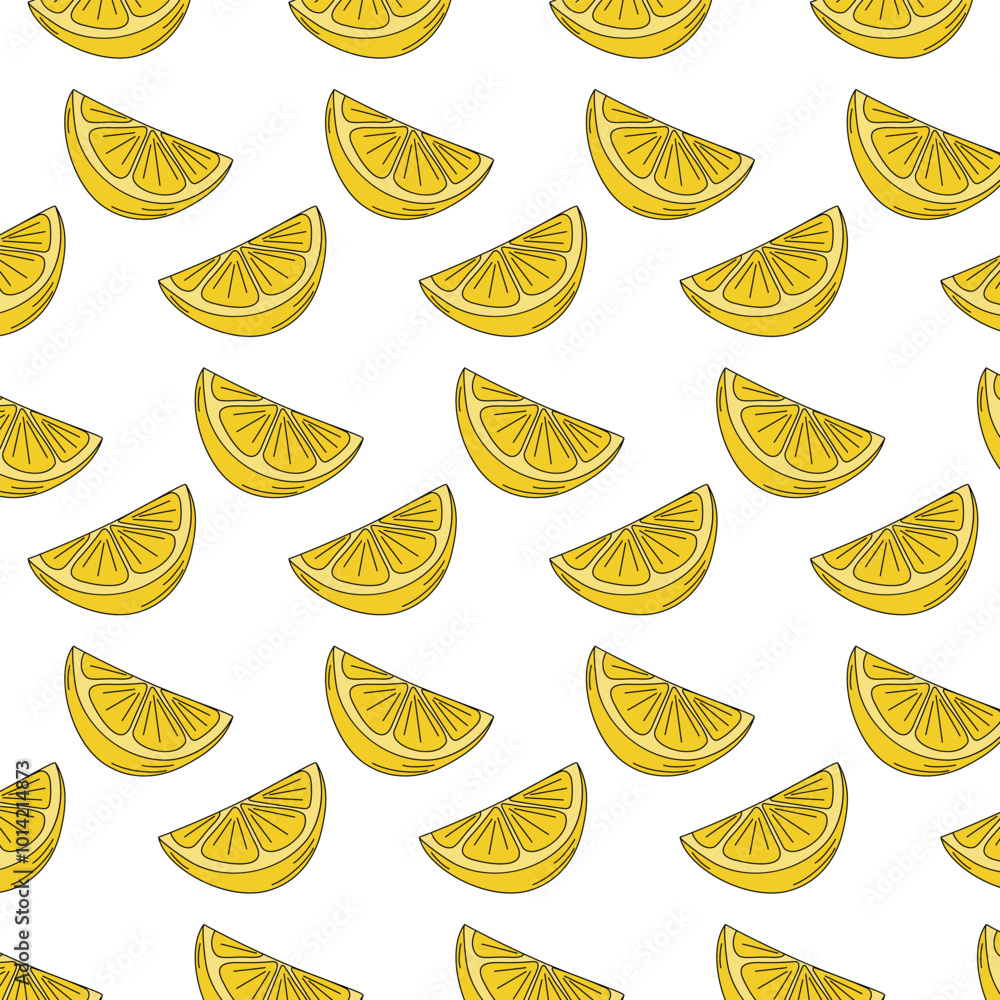 Fototapeta premium Lemon slices Seamless pattern in trendy soft yellow in simple Pop Art stile. Lemon Day or wrapping 