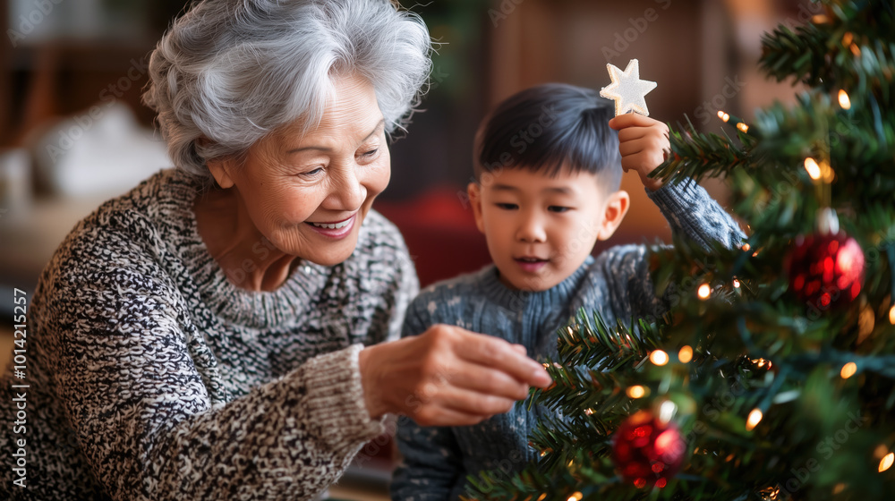 Elderly Asian woman with grandson decorating Christmas tree, concept of family bonding Elderly Asian woman with grandson decorating Christmas tree, concept of family bonding