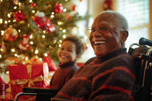 Senior Black man in wheelchair smiling with grandchild at Christmas, concept of holiday joy photo