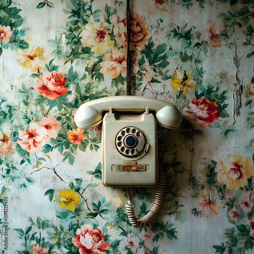 A vintage black telephone resting on a wooden table photo