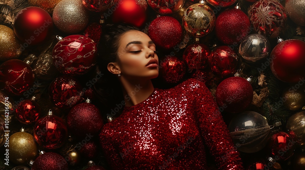 A woman in a red sequin dress poses elegantly amid a backdrop of shiny Christmas ornaments in a festive holiday setting A woman in a red sequin dress poses elegantly amid a backdrop of shiny Christmas ornaments in a festive holiday setting