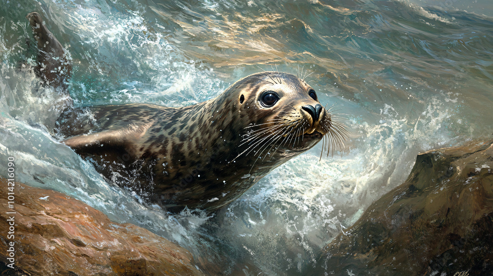 Obraz premium A playful seal swimming near a rocky shore