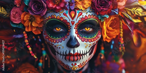 style fantasy anatomical photo of Calavera, floral, sugar skull,