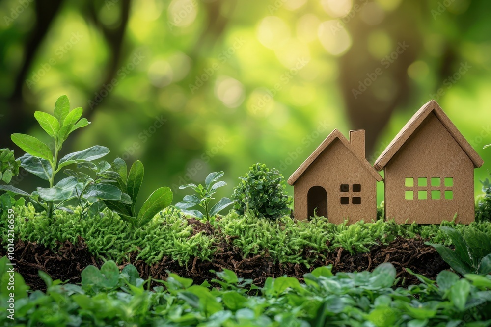 Eco-friendly miniature houses surrounded by lush greenery