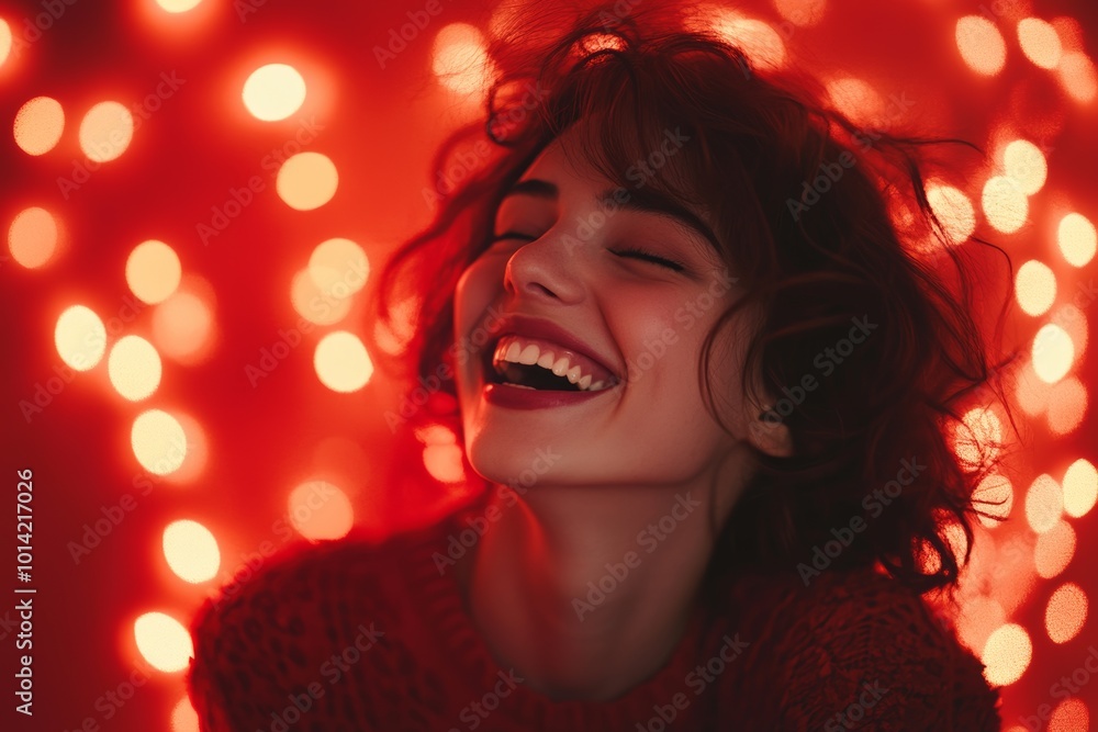 Joyful woman laughing against a festive red background with soft lighting, capturing a moment of happiness and celebration