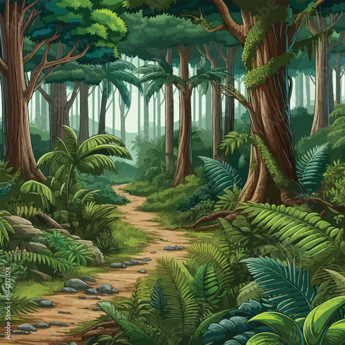 jungle path winding through tall, thick trees and surrounded illustration