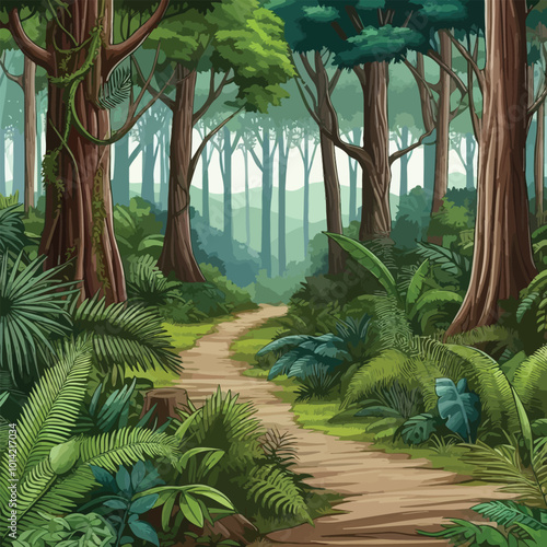jungle path winding through tall, thick trees and surrounded illustration