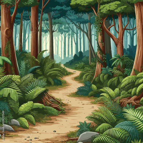 jungle path winding through tall, thick trees and surrounded illustration