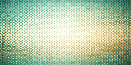 Abstract Pattern of Circular Holes in Metallic Surface with Grunge Texture and Gradient from Teal to Yellow