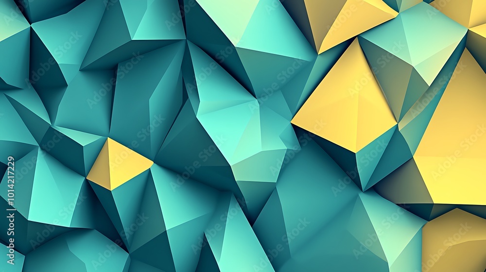 Fototapeta premium Abstract geometric background with teal and yellow triangular shapes.