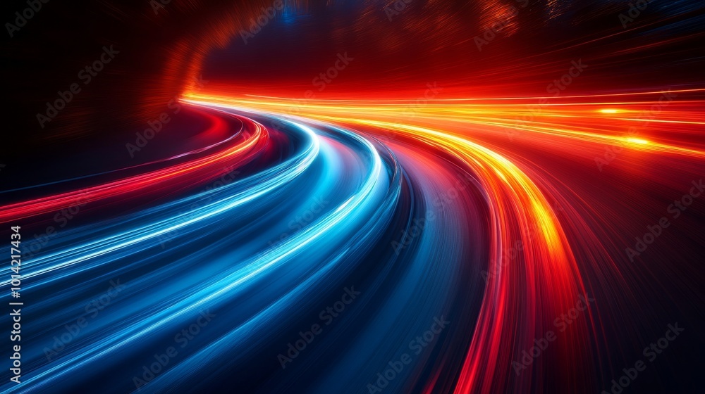 Neon light trails on curved road in motion, abstract technology concept Neon light trails on curved road in motion, abstract technology concept