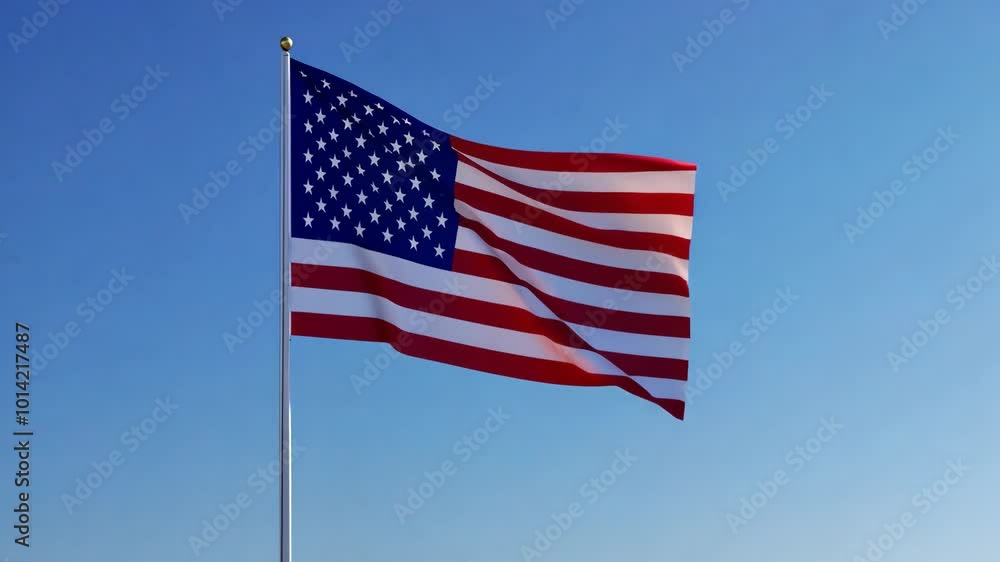 The American flag waves proudly in the wind against a blue sky The American flag waves proudly in the wind against a blue sky