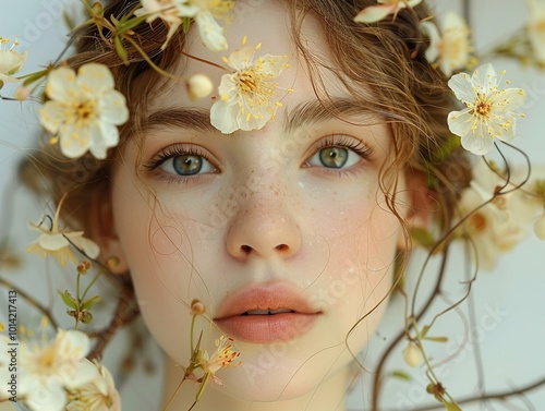 Close-up Portrait of a Woman with Flowers in Her Hair