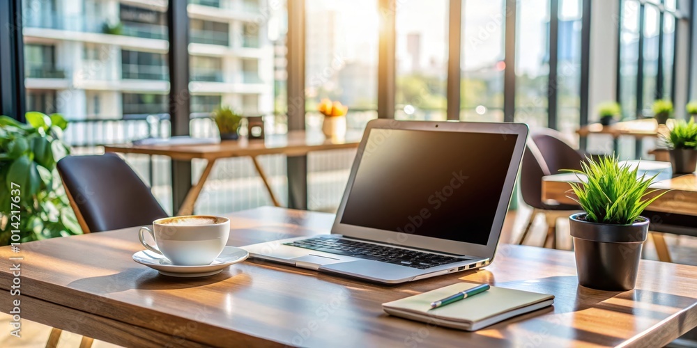 Fototapeta premium A laptop, a cup of coffee, and a notepad on a wooden table, bathed in warm sunlight streaming through large windows, creating a serene and productive work atmosphere