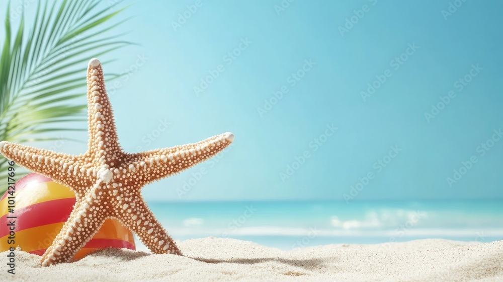 A starfish and beach ball on a white sandy beach with a blue ocean and sky in the background. A starfish and beach ball on a white sandy beach with a blue ocean and sky in the background.