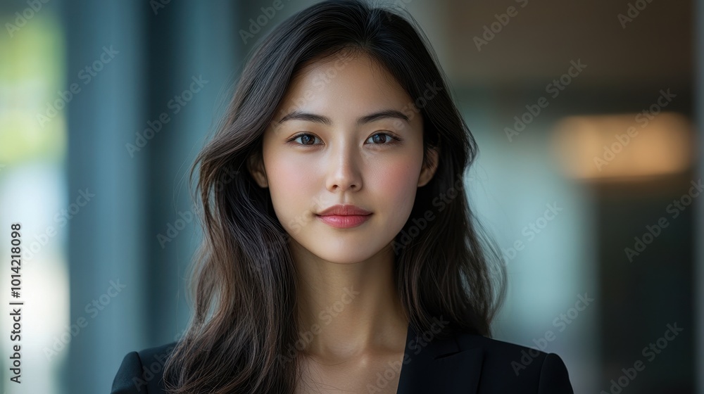 Portrait of a young Asian businesswoman, capturing her confidence and professionalism, ideal for modern business and leadership themes with copy space Portrait of a young Asian businesswoman, capturing her confidence and professionalism, ideal for modern business and leadership themes with copy space