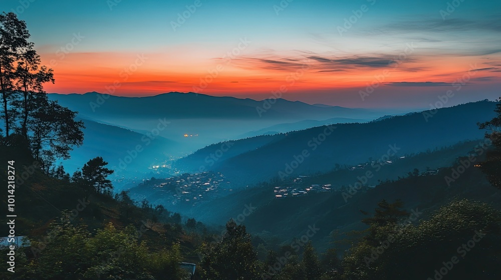 Fototapeta premium A stunning panoramic view of a valley nestled between mountains at sunset, with a vibrant orange and blue sky.