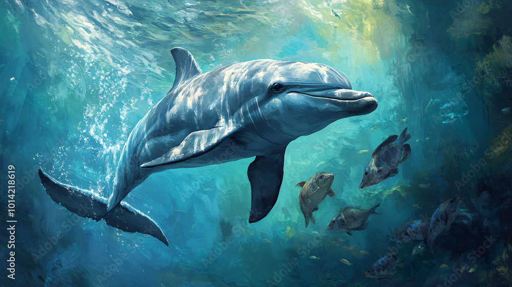 Fototapeta premium A playful dolphin swimming with a group of fish