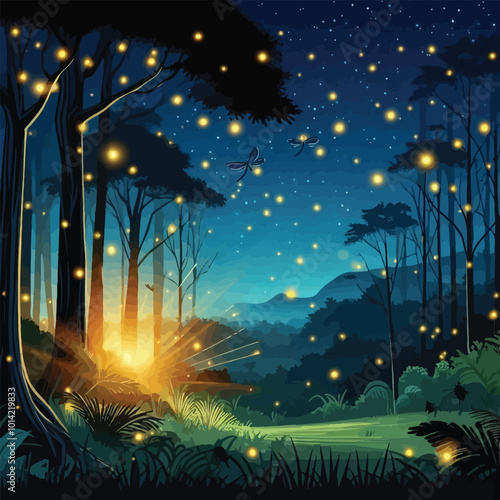 nighttime jungle scene illuminated by fireflies illustration 