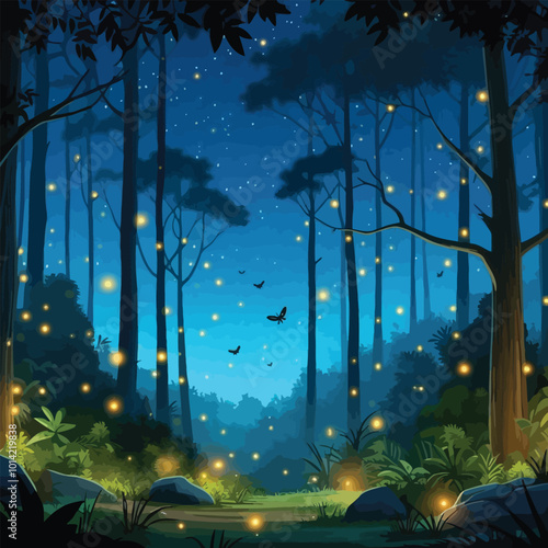 nighttime jungle scene illuminated by fireflies illustration 