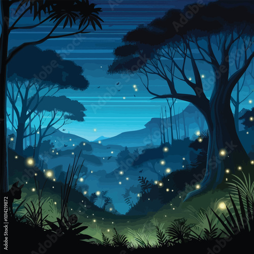 nighttime jungle scene illuminated by fireflies illustration 