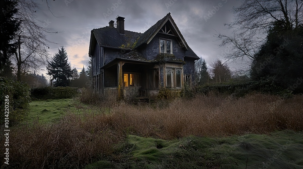 Obraz premium Abandoned House in the Woods: A Haunting Image of Decay