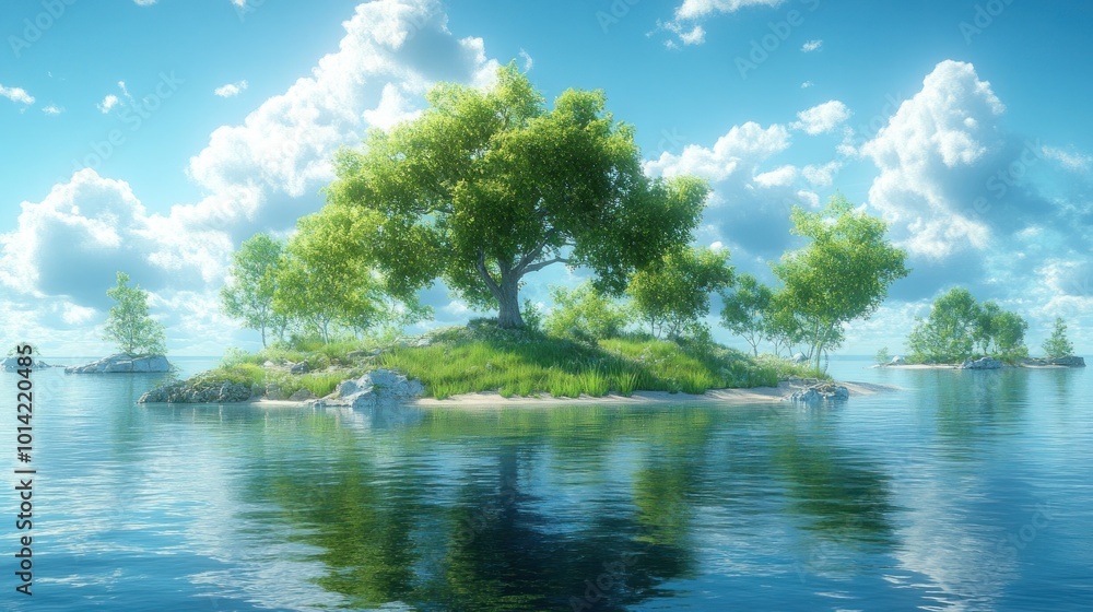 Serene island landscape with lush trees and calm water reflections. Serene island landscape with lush trees and calm water reflections.