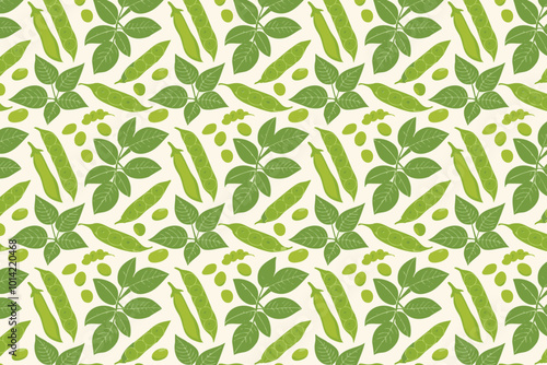 Seamless pattern with green peas and leaves. Vector illustration.