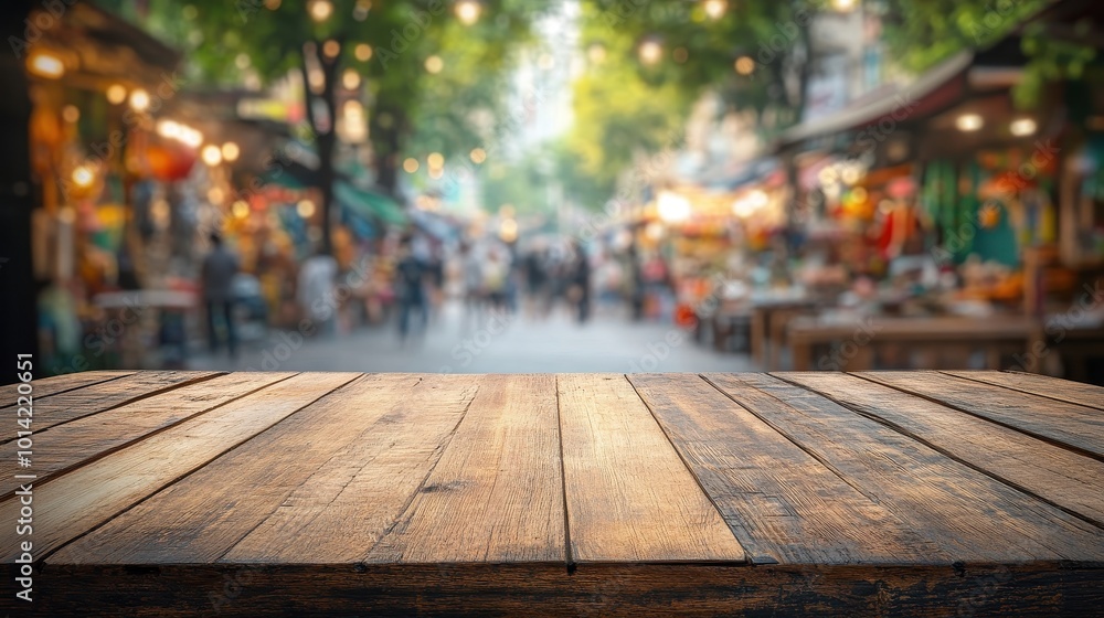 Wooden surface in a city marketplace setting, featuring a blurred background of bustling streets and people, atmosphere of an outdoor market with rustic texture and empty space, product display Wooden surface in a city marketplace setting, featuring a blurred background of bustling streets and people, atmosphere of an outdoor market with rustic texture and empty space, product display