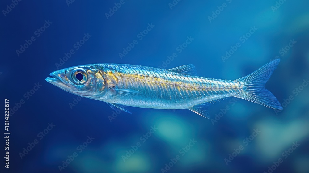 Fototapeta premium Sardine fish swimming underwater in sea or ocean, marine life and aquatic ecosystems, tropical wildlife food with a deep blue nautical background