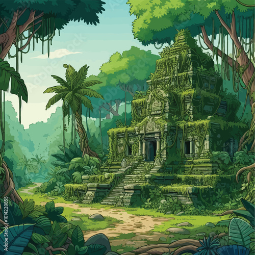 overgrown, ancient temple hidden deep in a tropical illustration 