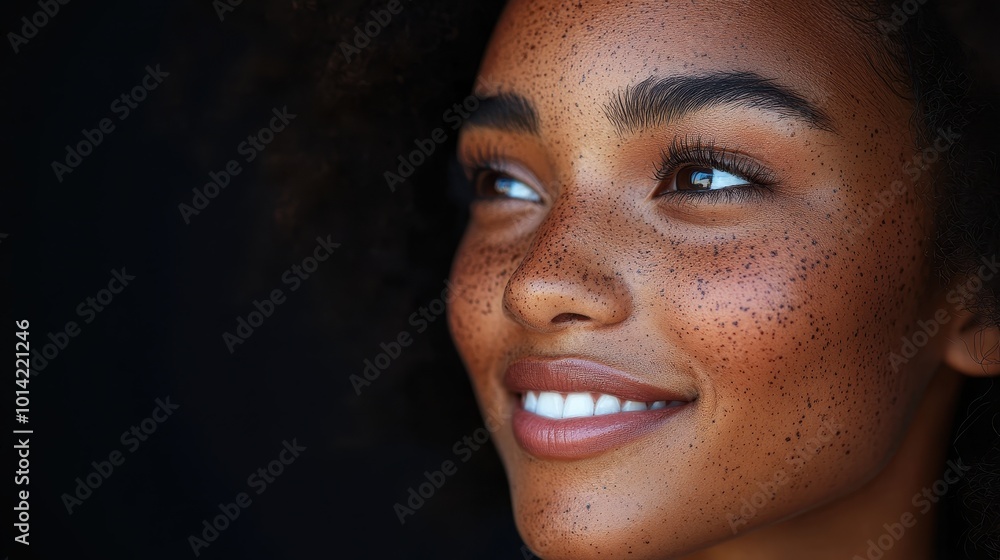 Generative AI illustration of closeup of young African American woman face with perfect skin smiling and looking away against black background Generative AI illustration of closeup of young African American woman face with perfect skin smiling and looking away against black background