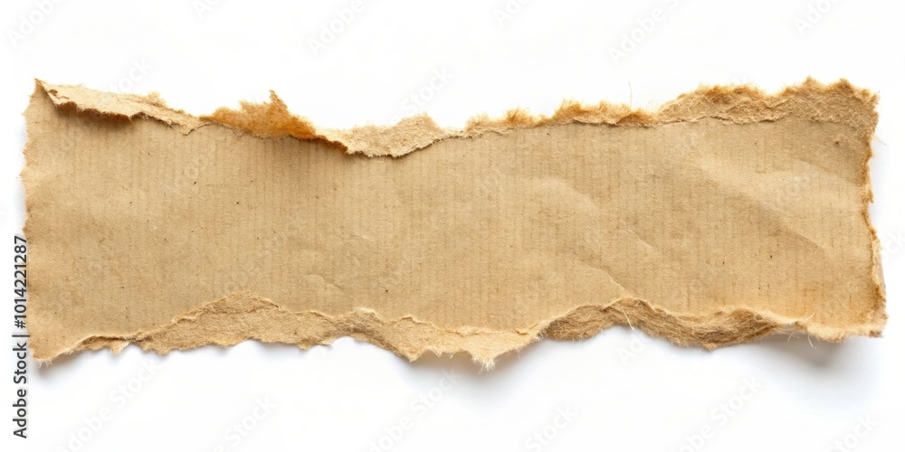A close-up of a ripped piece of brown paper with frayed edges, isolated on a white background. A close-up of a ripped piece of brown paper with frayed edges, isolated on a white background.