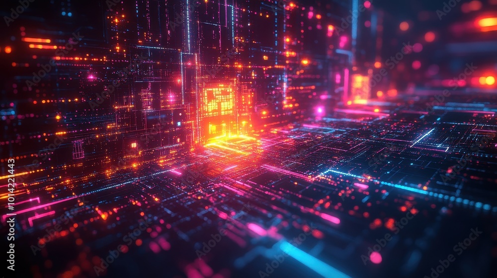 Fototapeta premium Generative AI abstract illustration of geometric shapes and structures in colorful neon colors and lights in cyberspace against dark background