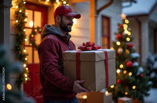 A man joyfully delivering a festive gift outside a decorated home during the holiday season in the evening