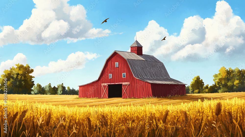 A picturesque barn surrounded by fields of crops A picturesque barn surrounded by fields of crops