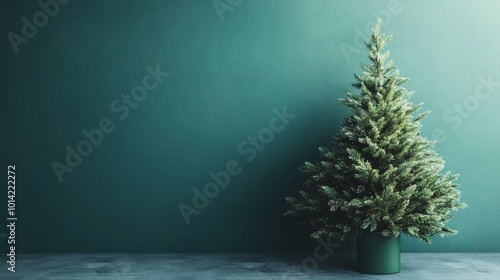 A small christmas tree sitting next to a green wall created with Generative AI technology