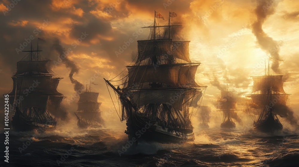 Obraz premium Naval Warfare: Conquer the Seas with Battleships, Warships, and Frigates in an Epic Battle of the Oceans, generative AIAI Generated