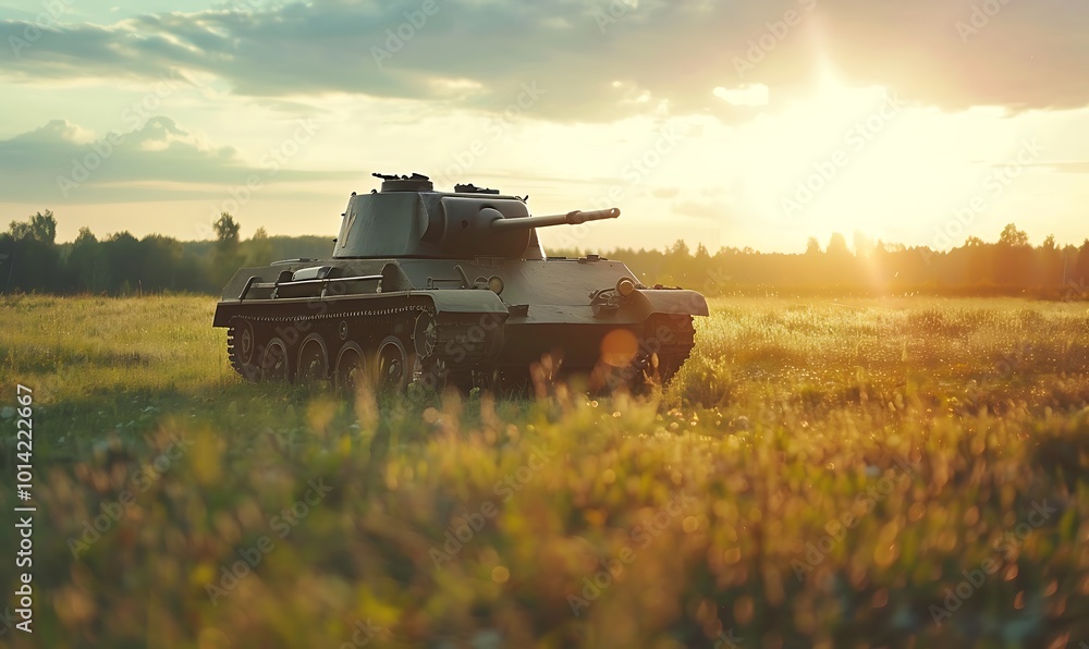 Naklejka premium Military tank in the field at sunset.