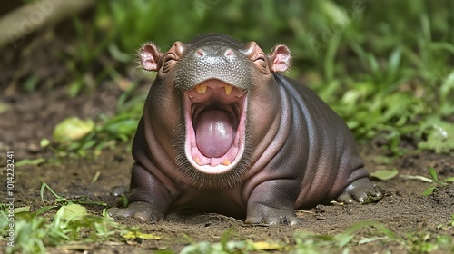 68. Baby pygmy hippo looking sleepy, yawning widely with its tiny teeth showing